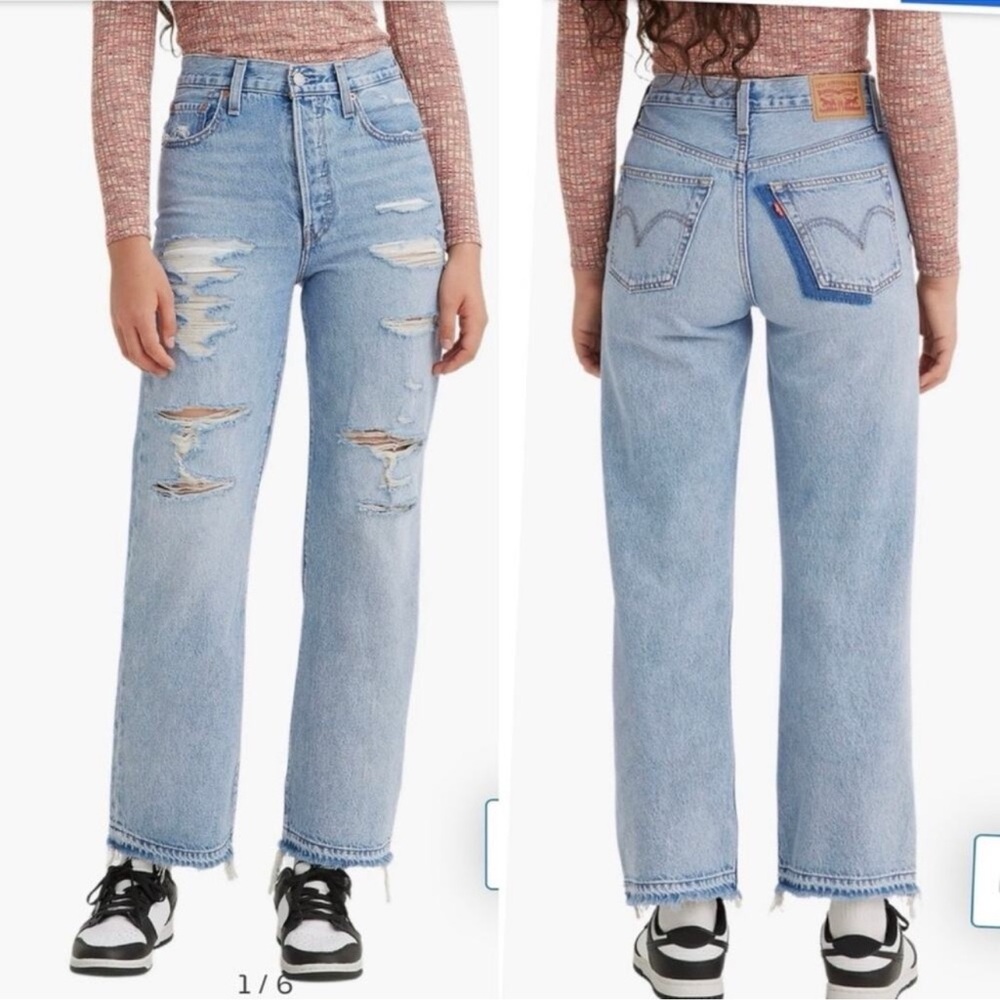 LEVI'S Ribcage Straight Ankle Jeans Destroyed Distressed 31